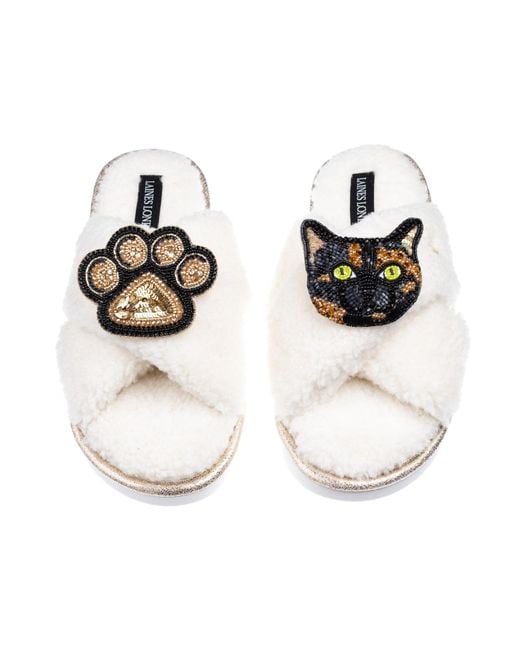 Laines London White Neutrals Laines Neutral Boucle Slippers With Tortoise Shell Cat & Paw Brooches
