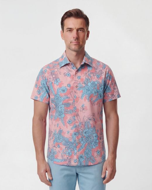 Lords of Harlech Blue Scott Mono Floral Coral Printed Button Up Shirt for men