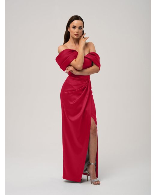 Tia Dorraine Red Heavenly Kissed Draped Satin Maxi Dress