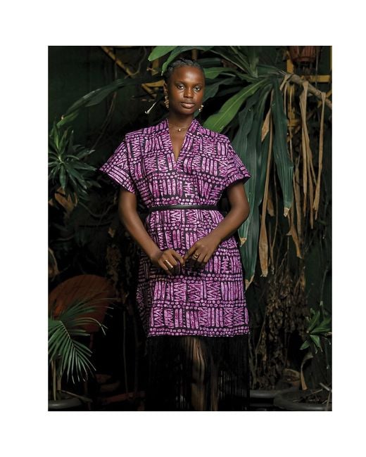 Chuks Collins Purple Ajah Collection – Print Fringe Midi Dress