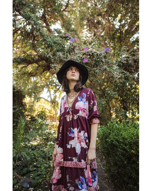 Jennafer Grace Red Plum Rose Velvet Ruffle Maxi Dress
