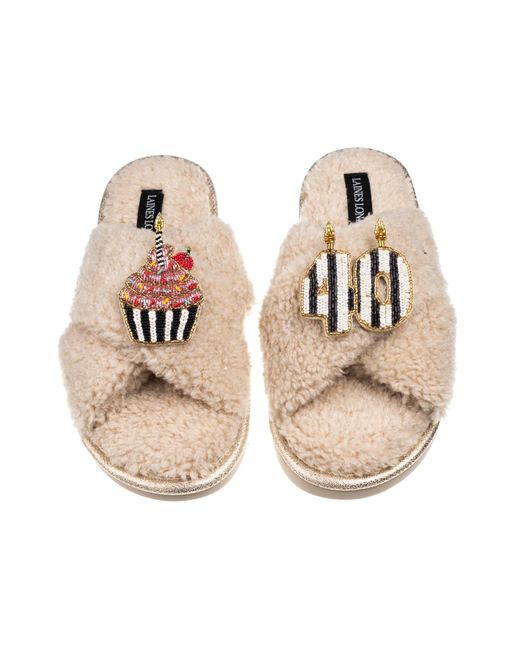 Laines London Natural Neutrals Laines Neutral Boucle Slippers With Stripe 40Th Birthday & Cake Brooches