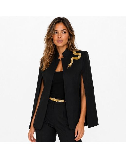 House of Laines London Black Laines Couture Tailored Cape With Embellished Shoulder Snake