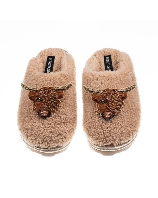 Laines London Natural Neutrals Teddy Closed Toe Slippers With Double Highland Cow Brooches