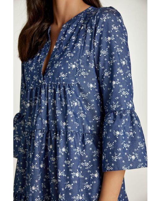 Conquista Blue Floral A Line Dress With Bell Sleeves