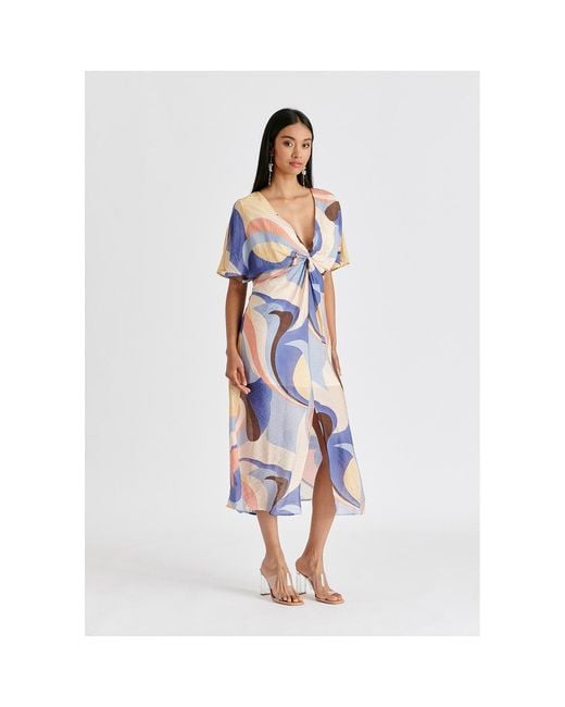 Paisie Blue Retro Wave Midi Dress With Twist Detail, Pastel, And