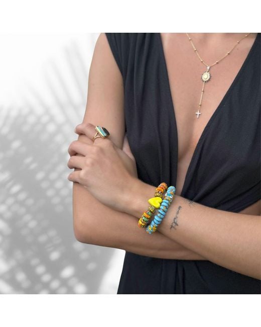 Ebru Jewelry Metallic Murano Heart & African Colorful Beaded Summer Bracelet