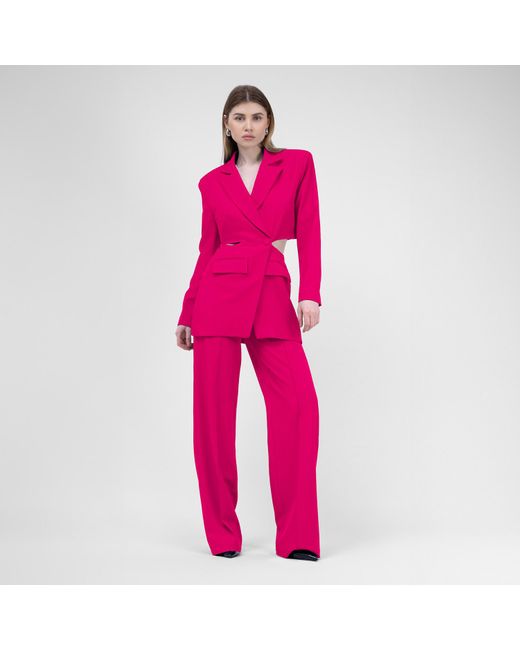 BLUZAT Pink Fuchsia Suit With Blazer With Waistline Cut-out And Stripe Detail Trousers