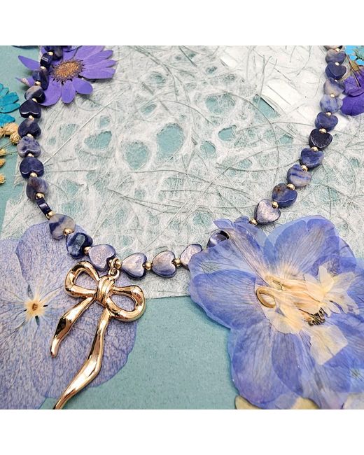 Farra Blue Heart Shaped Sodalite With Bow Pendant Necklace
