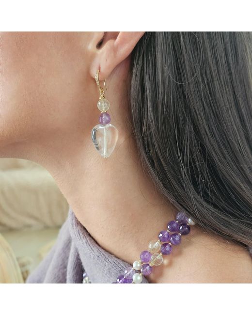 Farra Metallic Heart Shaped Quartz With Amethyst Earrings