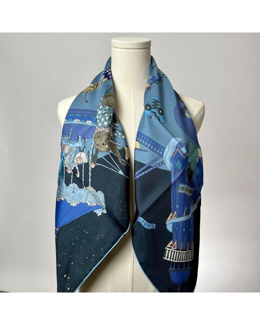 Wenzi Blue Carnival Wonderland Hand Painted Pattern Double Sided Silk Twill Scarf