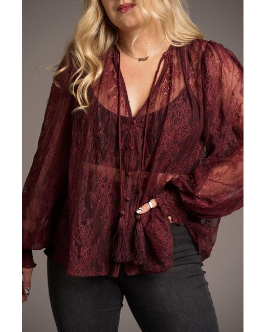 Little Lies Red Rhiannon Burgundy Lace Smock Top