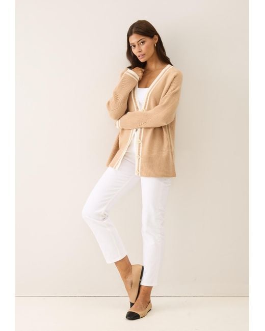Loop Cashmere Natural Neutrals Striped Tipped V Neck Lofty Cardigan