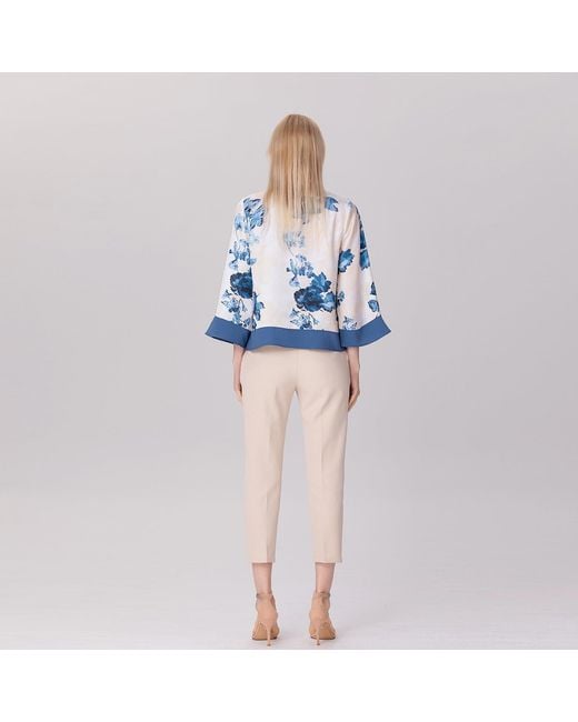 Smart and Joy Blue Satin Blouse With Contrasting Floral Print