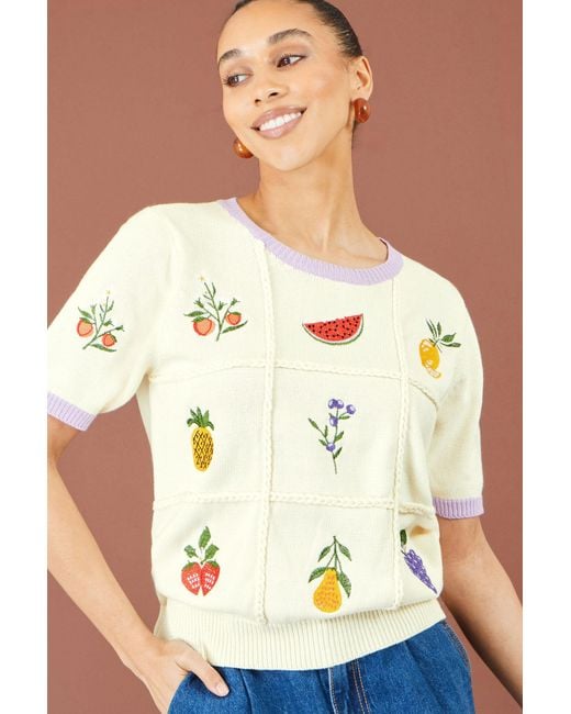 Yumi' Metallic Ivory Fruit Cotton Knitted Top