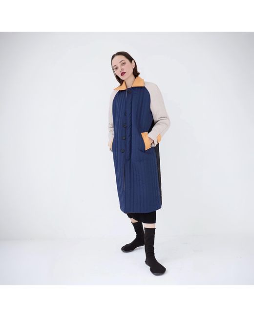 London Atelier Byproduct Blue Neutrals Patchwork Colour Block Quilt Long Jacket