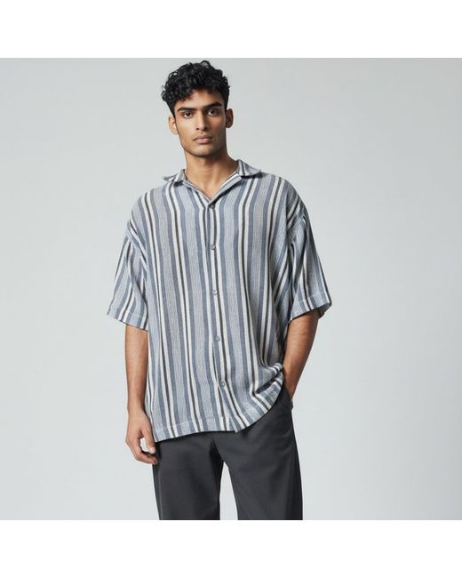 ORIGIN OF HEARTS Gray Nima Striped Cotton Resort Shirt for men