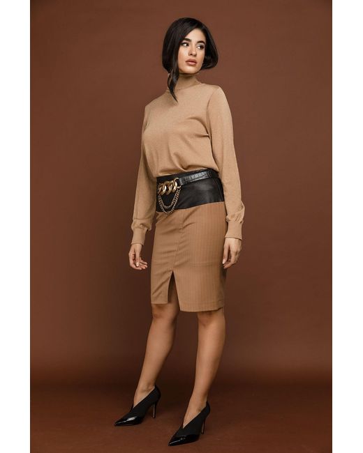 Conquista Brown Camel Striped Pencil Skirt By Si Fashion