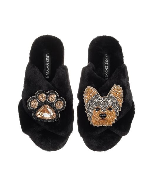 Laines London Black Classic Laines Slippers With Minnie Yorkie & Paw Brooches