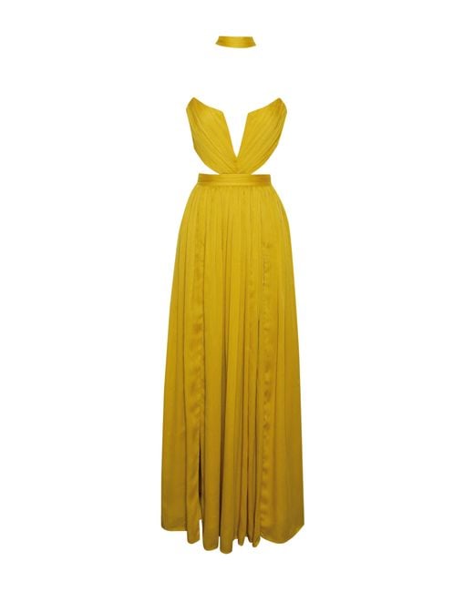 Miss Circle New York Yellow Xella Pleated Chiffon Maxi Dress