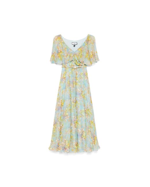 Nissa Green Ruffled Silk Midi Dress Floral-Print