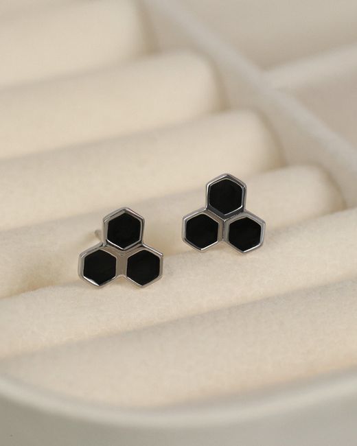 The Jewelz Black Triple Hexagon Enamel Stud Earrings for men
