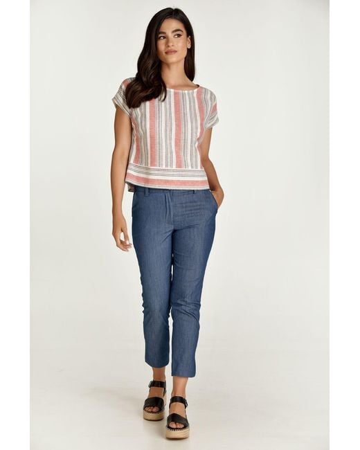 Conquista Pink Coral Striped Linen Style Top
