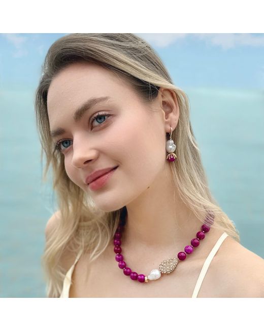 Farra Red Magenta Gemstone With Baroque Pearl Pendant Statement Necklace