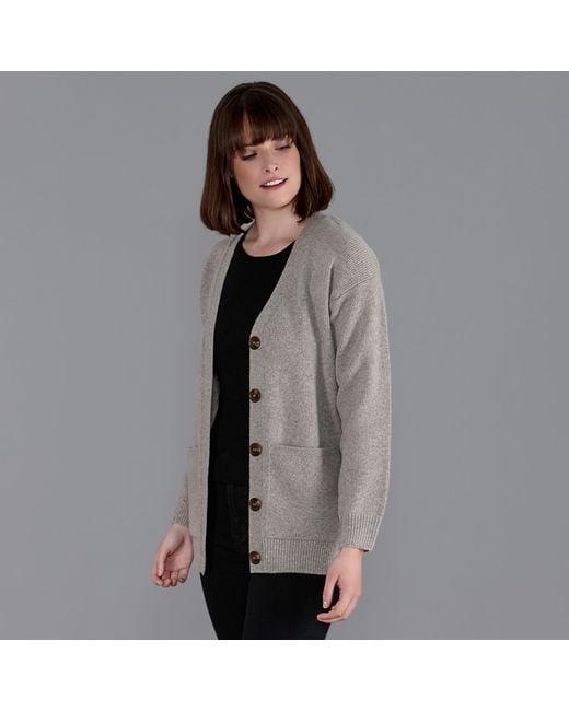 Paul James Knitwear Gray Neutrals Lambswool V Neck Ribbed Layla Cardigan With Pockets