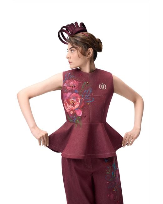 Rondooz Red Hand Painted Denim Peplum Top With Hand Applied Embellishment