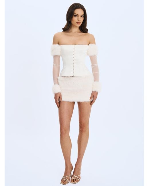 Miss Circle New York White Narla Ivory Low-Waisted Fur Mini Skirt