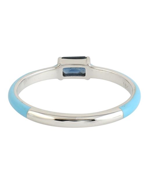 Artisan Baguette Blue Sapphire In 14k White Gold With Enamel Single Stone Band Ring