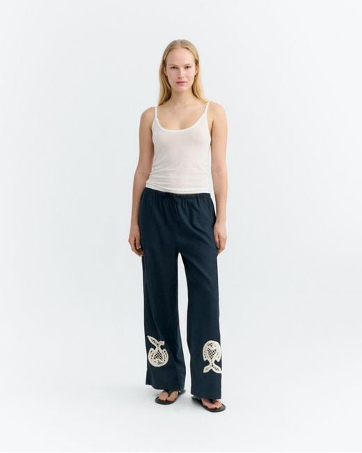 Thinking Mu Blue Fish Brigitte Hand-Embroidered Relaxed Pants