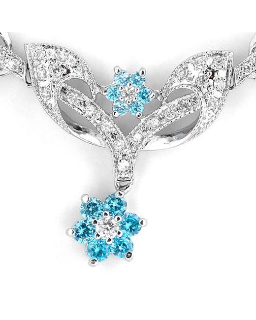 Genevive Jewelry Cubic Zirconia Sterling Silver White Gold Plated Blue Topaz Flower Necklace
