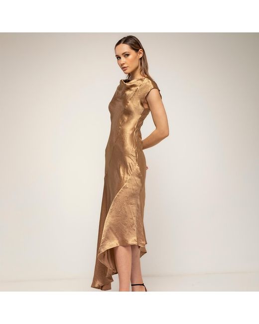 Tantra Spain Sl Brown Midi Dress With A Silk-Textured Boat Neckline And An Asymmetrical Hem