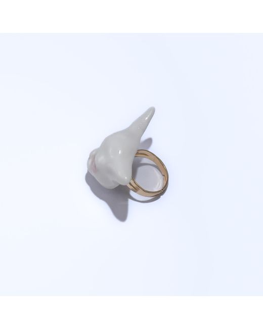 H2 Studio White Angry Puss Porcelain Cat 14K Plated Brass Ring