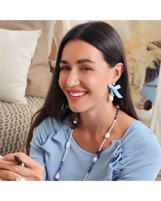 Farra Blue Baroque Pearl With Lapis And Silk Bowknot Earrings