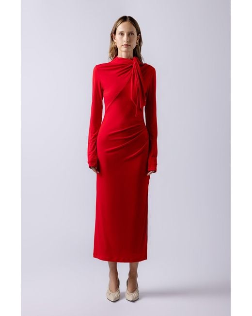 Lendrop Studios Red Yuna Tie Neck Midi Dress