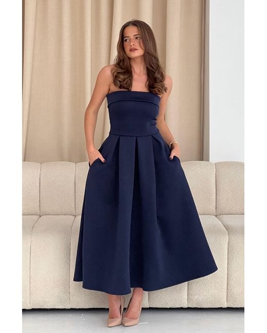 Girl In Mind Blue Danni Strapless Bandeau Midi Dress
