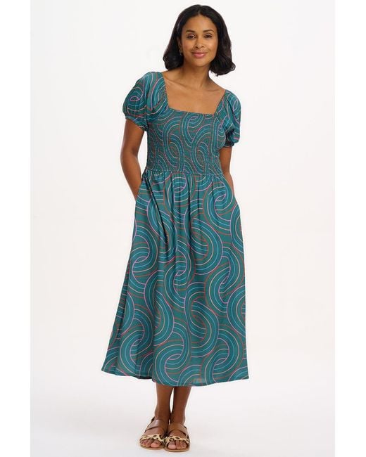 Sugarhill Blue Jolene Shirred Midi Dress, Concentric Circles