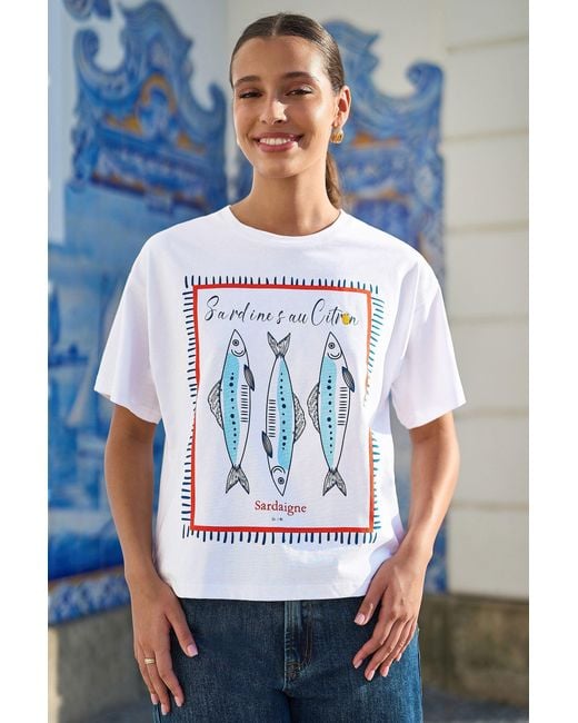 Yumi' White Cotton Summer Motif T-Shirt