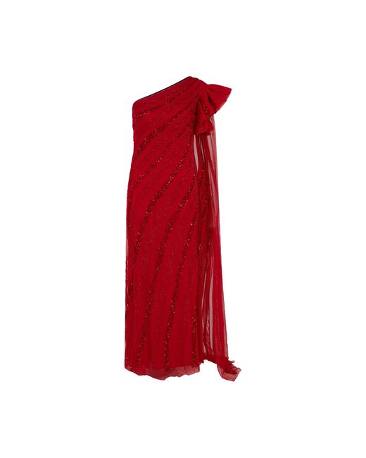 Raishma Red Blossom A One Shoulder Floor Length With An Attached Stole With Frill On The Shoulder Gown
