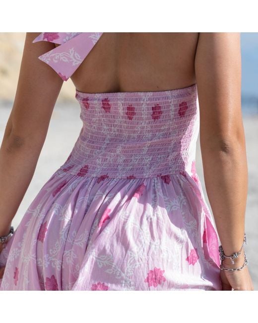 House of Gl Pink Padmae Hand-Block Cotton Halter Neck Midi Floral Dress