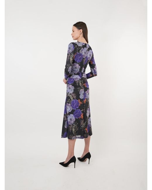 John Abgin Blue Floral Mesh Gathered Midi Dress