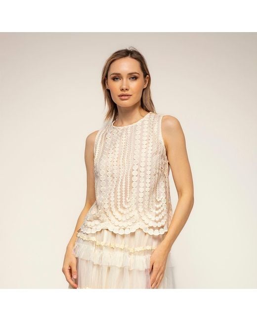 Tantra Spain Sl Natural Neutrals Lace Top With Circle Detailing And A Round Neckline