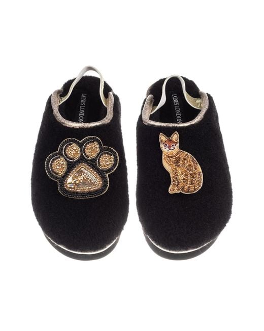 Laines London Black Flatform Cloud Slippers With Bengal Cat & Paw Brooches