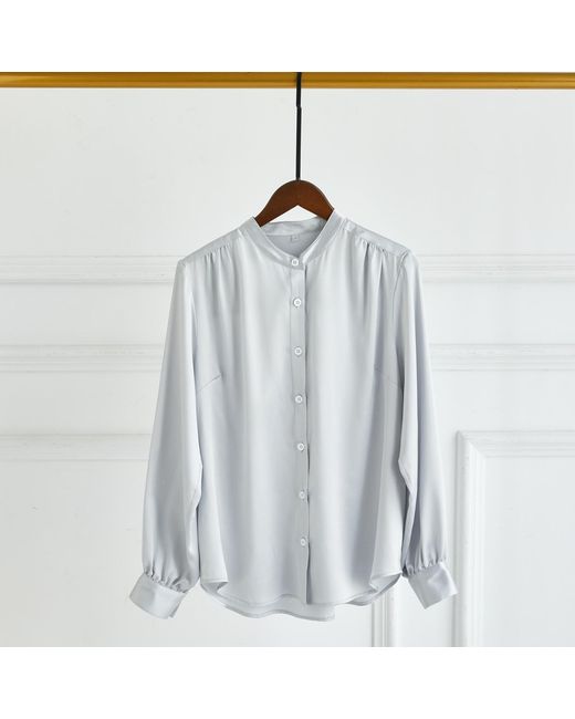 Soft Strokes Silk Gray Pure Silk Long Sleeve Banded Collar Blouse