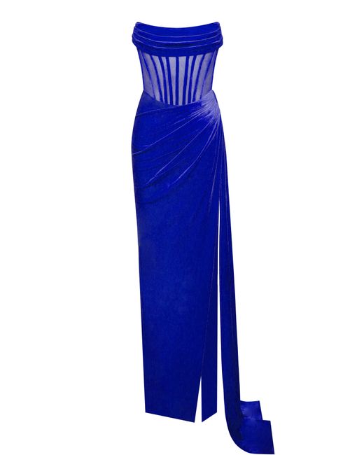 Miss Circle New York Blue Priya Royal Draping Corset High Slit Velvet Gown