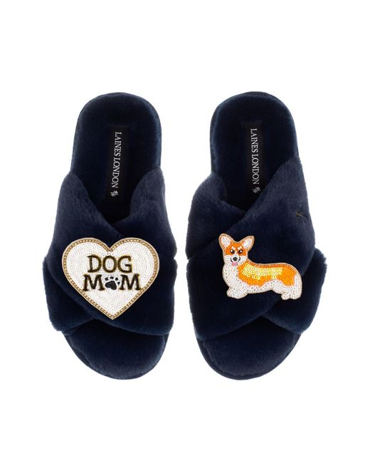 Laines London Blue Classic Laines Slippers With Dog Mum/Mom & Peach The Corgi Brooches