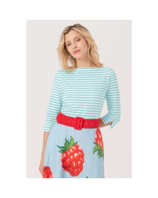 Marianna Déri Blue Top With Boat Neckline Mint Cream Striped